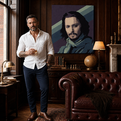 Dipinto a mano POP Art Johnny Depp1 pezzo jd – quadro in un moderno interno maschile, visualizzazione lifestyle. Colori dominanti: viola, blu, nero, beige, verde.