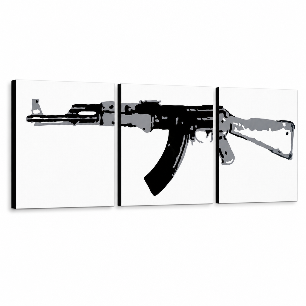 Dipinto a mano POP Art Kalashnikov 3 parti ka – Visualizzazione 3D del quadro dipinto a mano su sfondo bianco. Colori dominanti: nero, grigio, bianco.