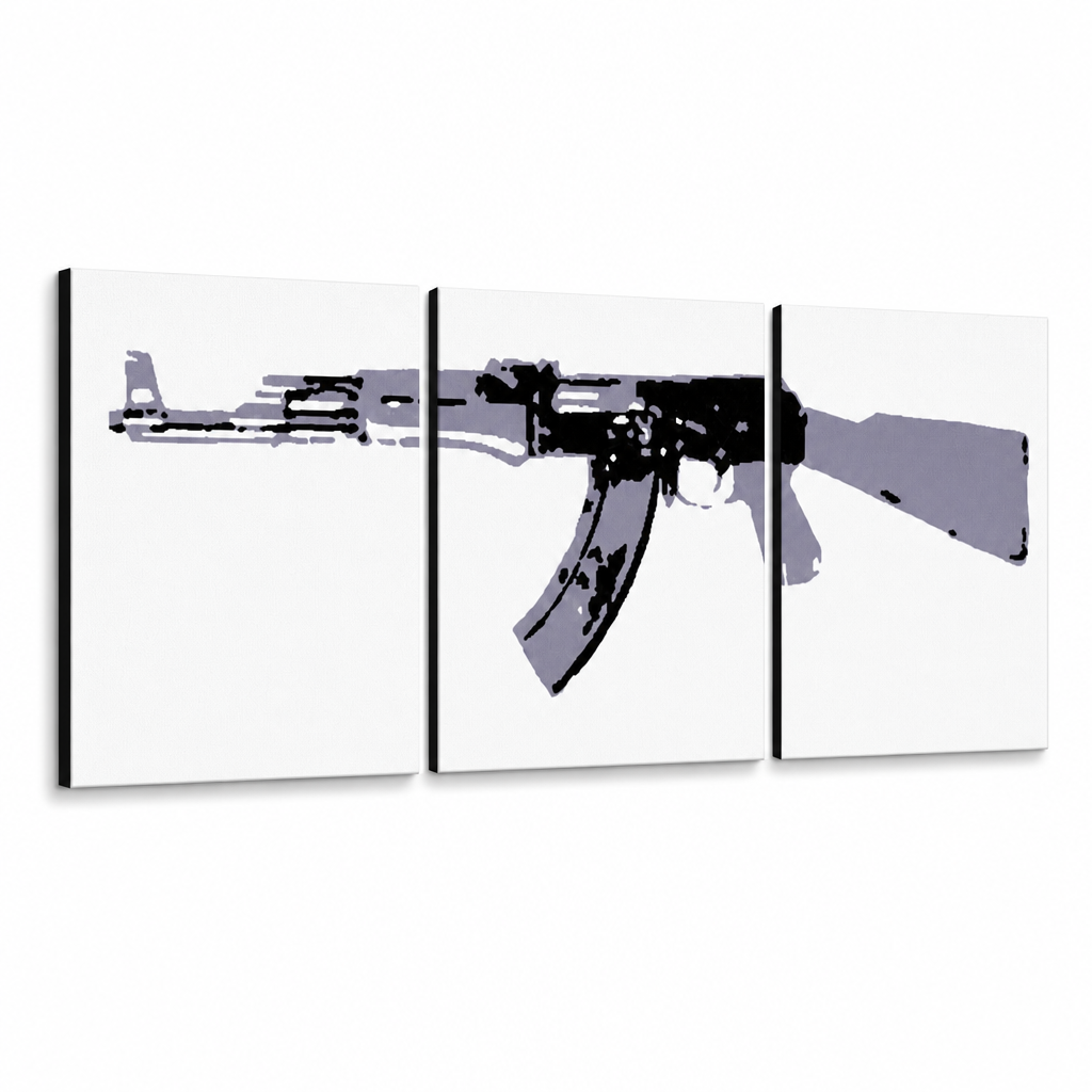 Dipinto a mano POP Art Kalashnikov 3 parti ka1 – Visualizzazione 3D del quadro dipinto a mano su sfondo bianco. Colori dominanti: nero, grigio, bianco.