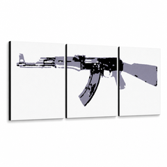 Dipinto a mano POP Art Kalashnikov 3 parti ka1 – Visualizzazione 3D del quadro dipinto a mano su sfondo bianco. Colori dominanti: nero, grigio, bianco.