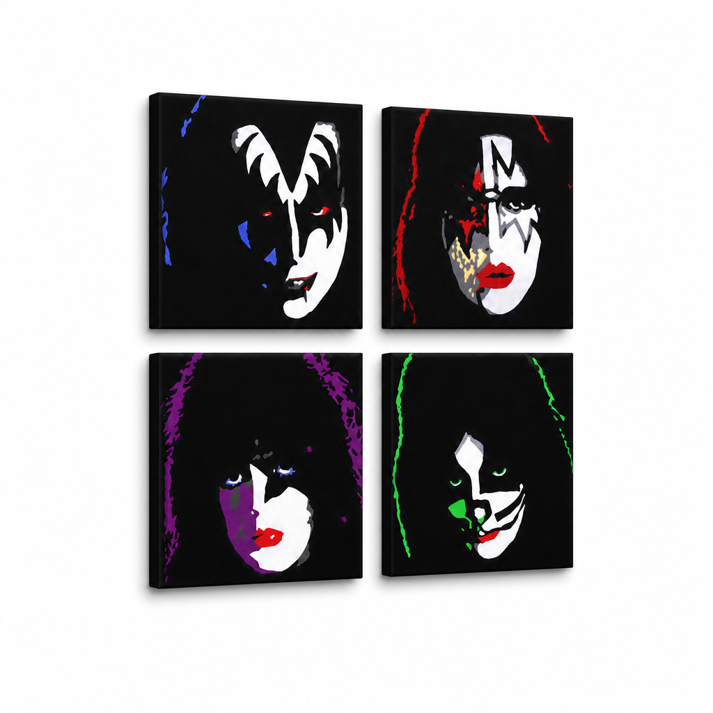 Dipinto a mano POP Art Kiss 4 pezzi kiss – Visualizzazione 3D del quadro dipinto a mano su sfondo bianco. Colori dominanti: nero, bianco, rosso, verde, viola.