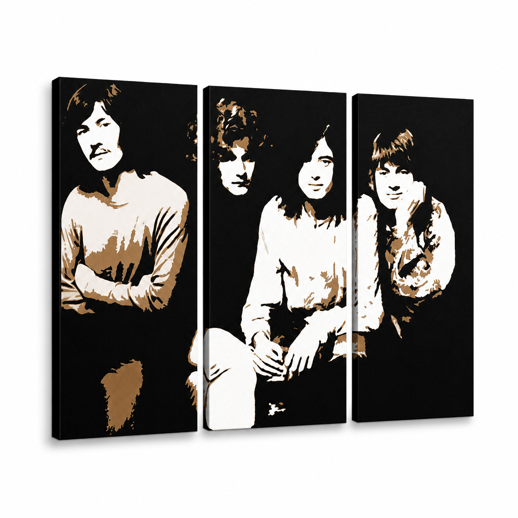Dipinto a mano POP Art Led zepelin 3 pezzi lz – Visualizzazione 3D del quadro dipinto a mano su sfondo bianco. Colori dominanti: nero, beige, marrone.