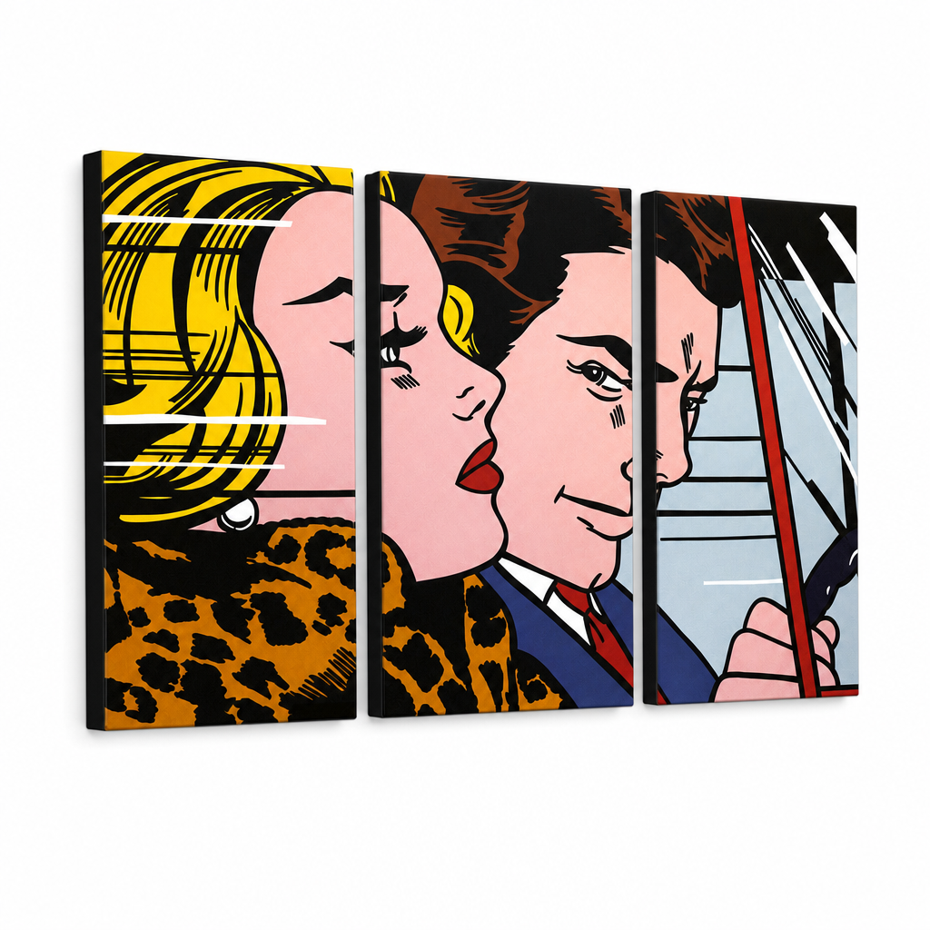 Dipinto a mano POP Art LICHTENSTEIN 3 pezzi li4 – Visualizzazione 3D del quadro dipinto a mano su sfondo bianco. Colori dominanti: giallo, nero, rosa, blu, marrone.