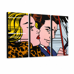 Dipinto a mano POP Art LICHTENSTEIN 3 pezzi li4 – Visualizzazione 3D del quadro dipinto a mano su sfondo bianco. Colori dominanti: giallo, nero, rosa, blu, marrone.