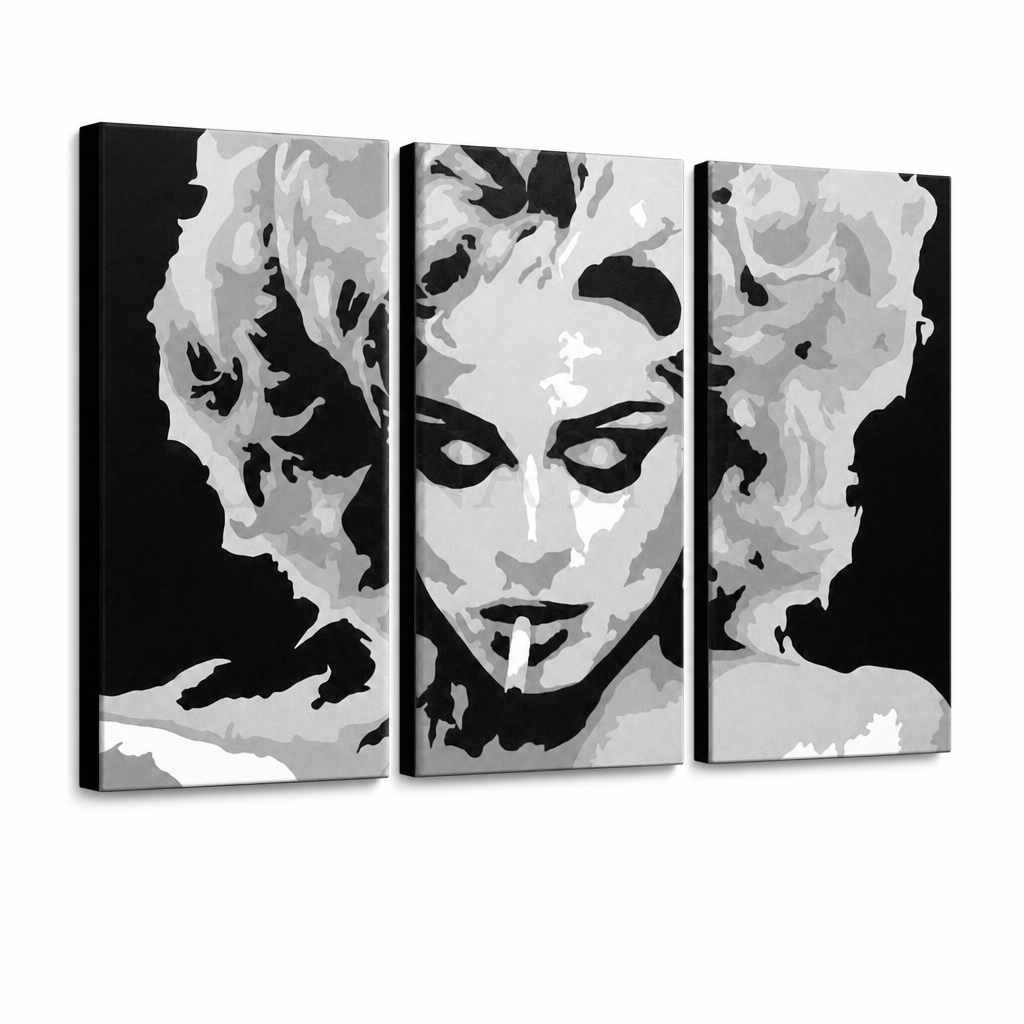Dipinto a mano POP Art MADONNA 3 pezzi ma2 – Visualizzazione 3D del quadro dipinto a mano su sfondo bianco. Colori dominanti: nero, grigio, bianco.