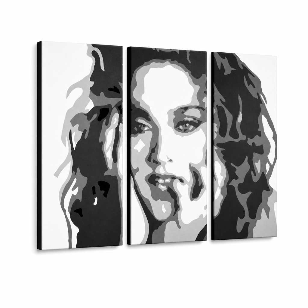 Dipinto a mano POP Art MADONNA 3 pezzi ma3 – Visualizzazione 3D del quadro dipinto a mano su sfondo bianco. Colori dominanti: nero, bianco, grigio.