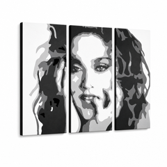 Dipinto a mano POP Art MADONNA 3 pezzi ma3 – Visualizzazione 3D del quadro dipinto a mano su sfondo bianco. Colori dominanti: nero, bianco, grigio.