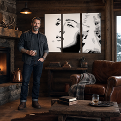 Dipinto a mano POP Art Madonna 3 pezzi ma4 – quadro in un moderno interno maschile, visualizzazione lifestyle. Colori dominanti: nero, bianco, grigio.