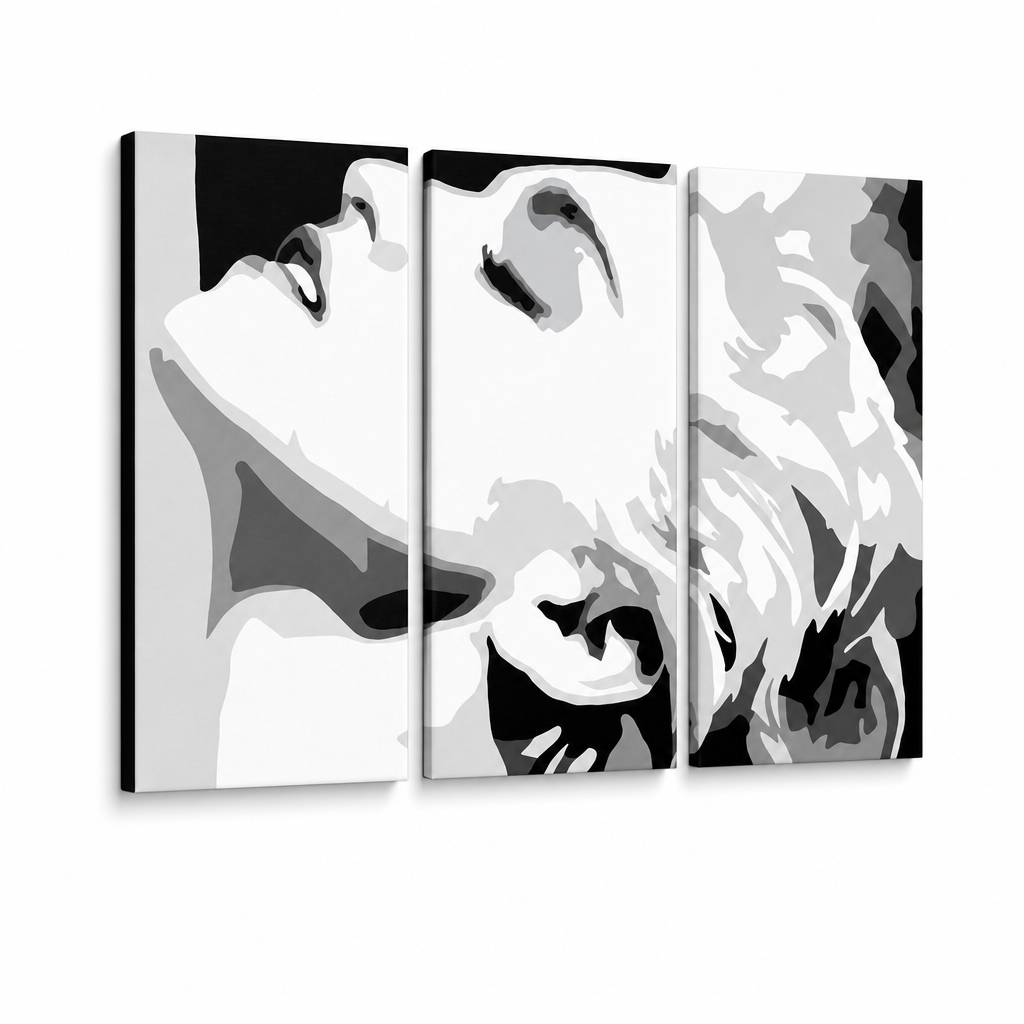 Dipinto a mano POP Art MADONNA 3 pezzi ma5 – Visualizzazione 3D del quadro dipinto a mano su sfondo bianco. Colori dominanti: bielá, nero, grigio.