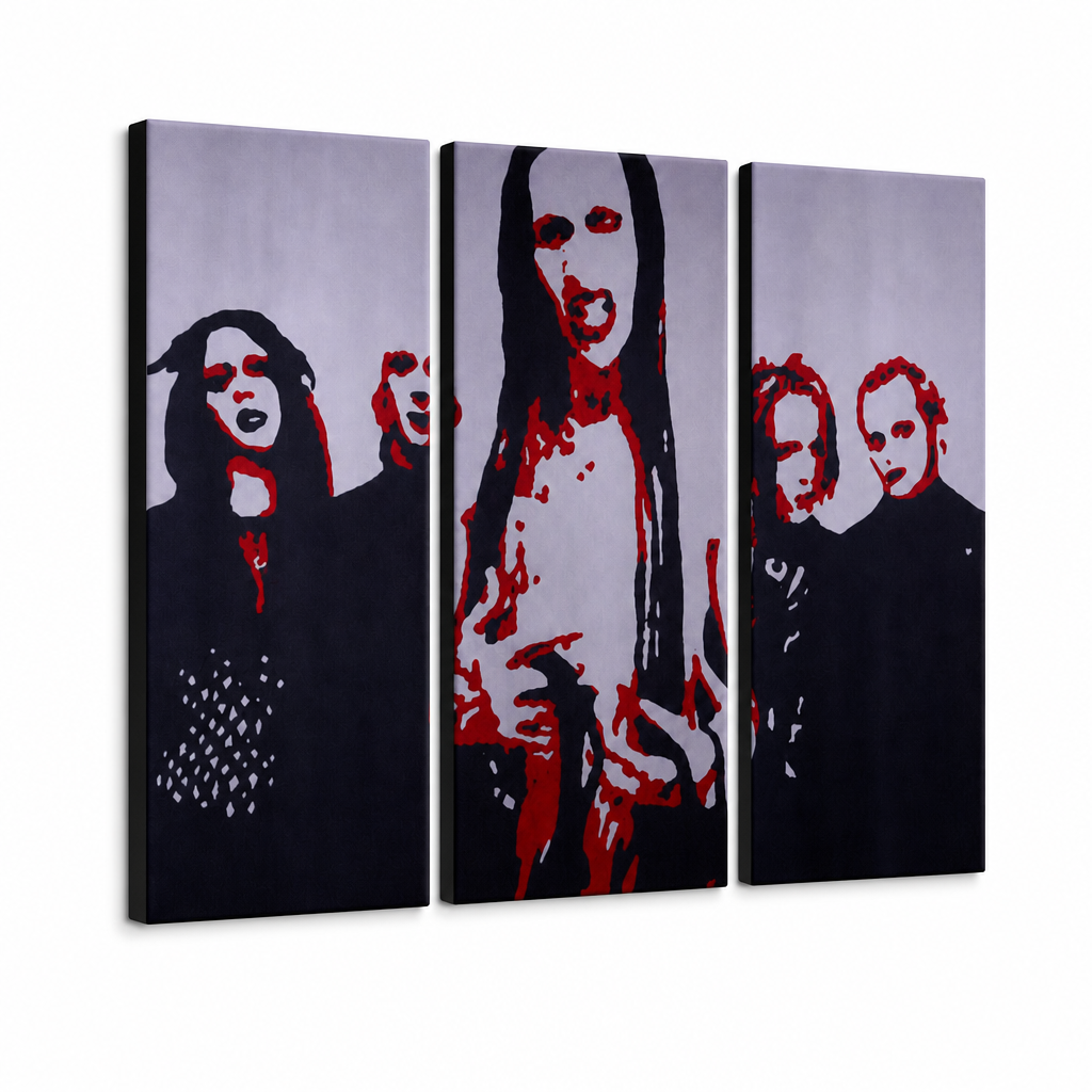 Dipinto a mano POP Art Marilyn Manson 3 pezzi mm – Visualizzazione 3D del quadro dipinto a mano su sfondo bianco. Colori dominanti: nero, rosso, bianco.