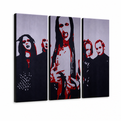 Dipinto a mano POP Art Marilyn Manson 3 pezzi mm – Visualizzazione 3D del quadro dipinto a mano su sfondo bianco. Colori dominanti: nero, rosso, bianco.