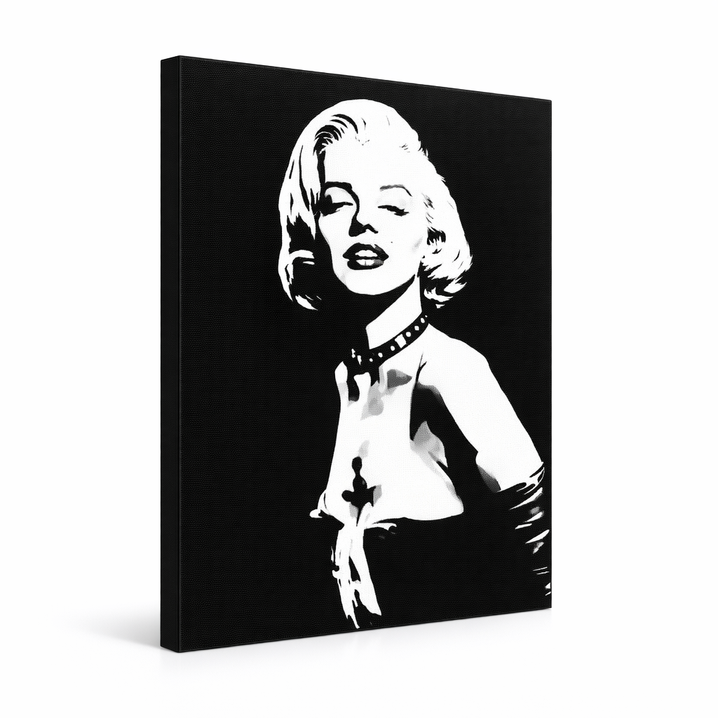 Dipinto a mano POP Art Marilyn MONROE 1 pezzo mon5 – Visualizzazione 3D del quadro dipinto a mano su sfondo bianco. Colori dominanti: nero, bianco, grigio.