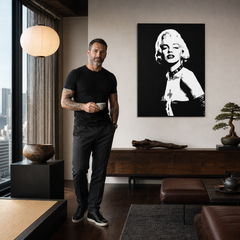 Dipinto a mano POP Art Marilyn MONROE 1 pezzo mon5 – quadro in un moderno interno maschile, visualizzazione lifestyle. Colori dominanti: nero, bianco, grigio.
