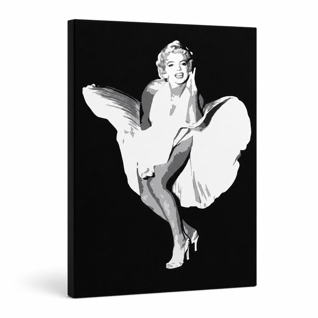 Dipinto a mano POP Art Marilyn Monroe 1 pezzo mon6 – Visualizzazione 3D del quadro dipinto a mano su sfondo bianco. Colori dominanti: nero, bianco, grigio.