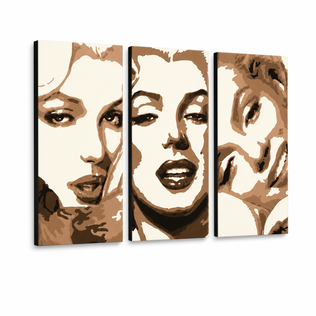 Dipinto a mano POP Art Marilyn MONROE 3 pezzi mon1 – Visualizzazione 3D del quadro dipinto a mano su sfondo bianco. Colori dominanti: beige, marrone, nero.