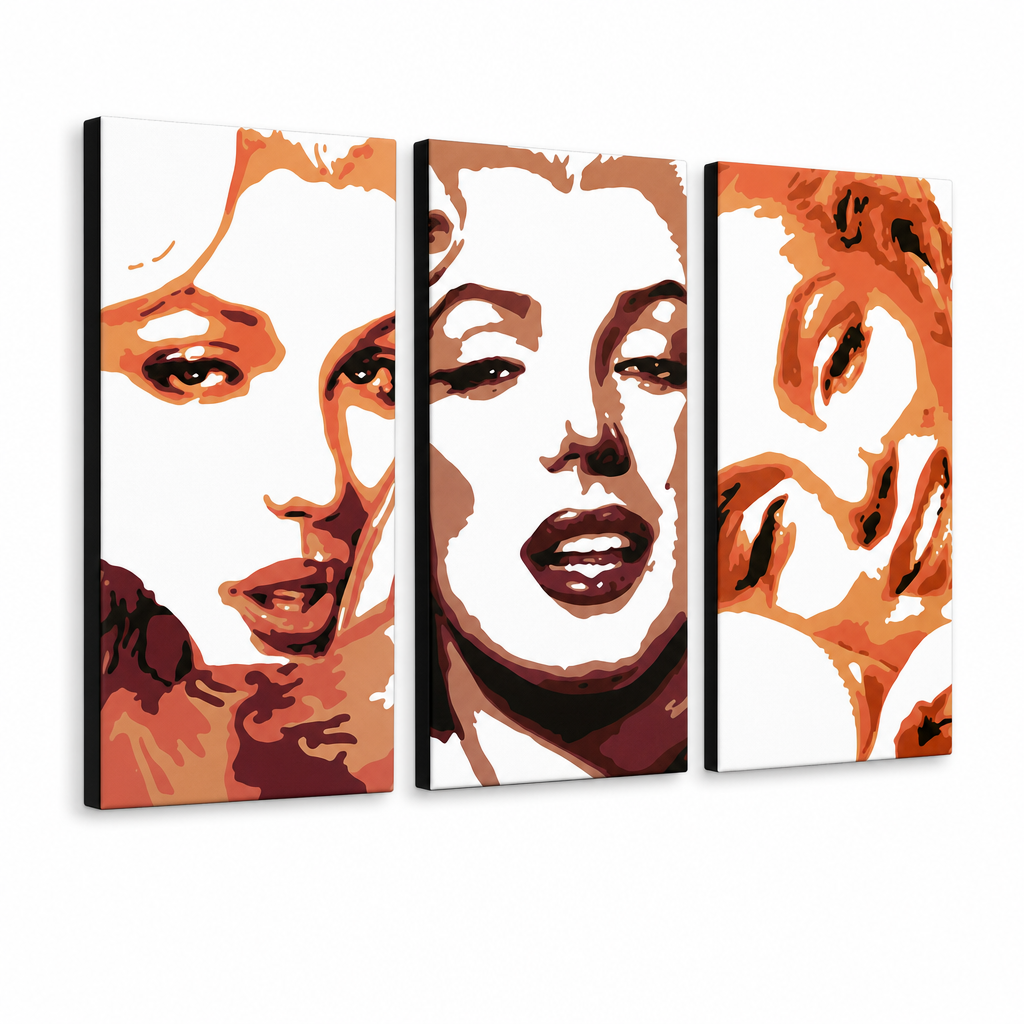 Dipinto a mano POP Art Marilyn Monroe 3 pezzi mon2 – Visualizzazione 3D del quadro dipinto a mano su sfondo bianco. Colori dominanti: arancione, marrone, bianco.