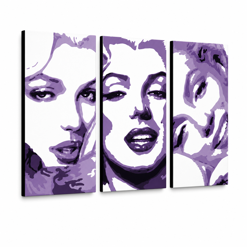 Dipinto a mano POP Art Marilyn MONROE 3 pezzi mon4 – Visualizzazione 3D del quadro dipinto a mano su sfondo bianco. Colori dominanti: viola, bianco, nero.