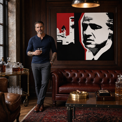 Dipinto a mano POP Art marlon brando 1 pezzo mb8 – quadro in un moderno interno maschile, visualizzazione lifestyle. Colori dominanti: nero, bianco, rosso.
