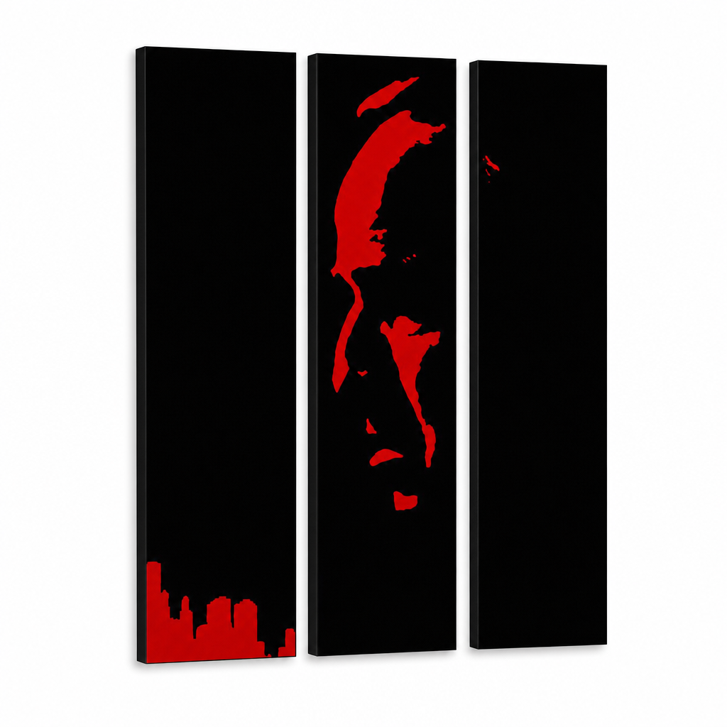 Dipinto a mano POP Art Marlon Brando 3 pezzi gff – Visualizzazione 3D del quadro dipinto a mano su sfondo bianco. Colori dominanti: nero, rosso.