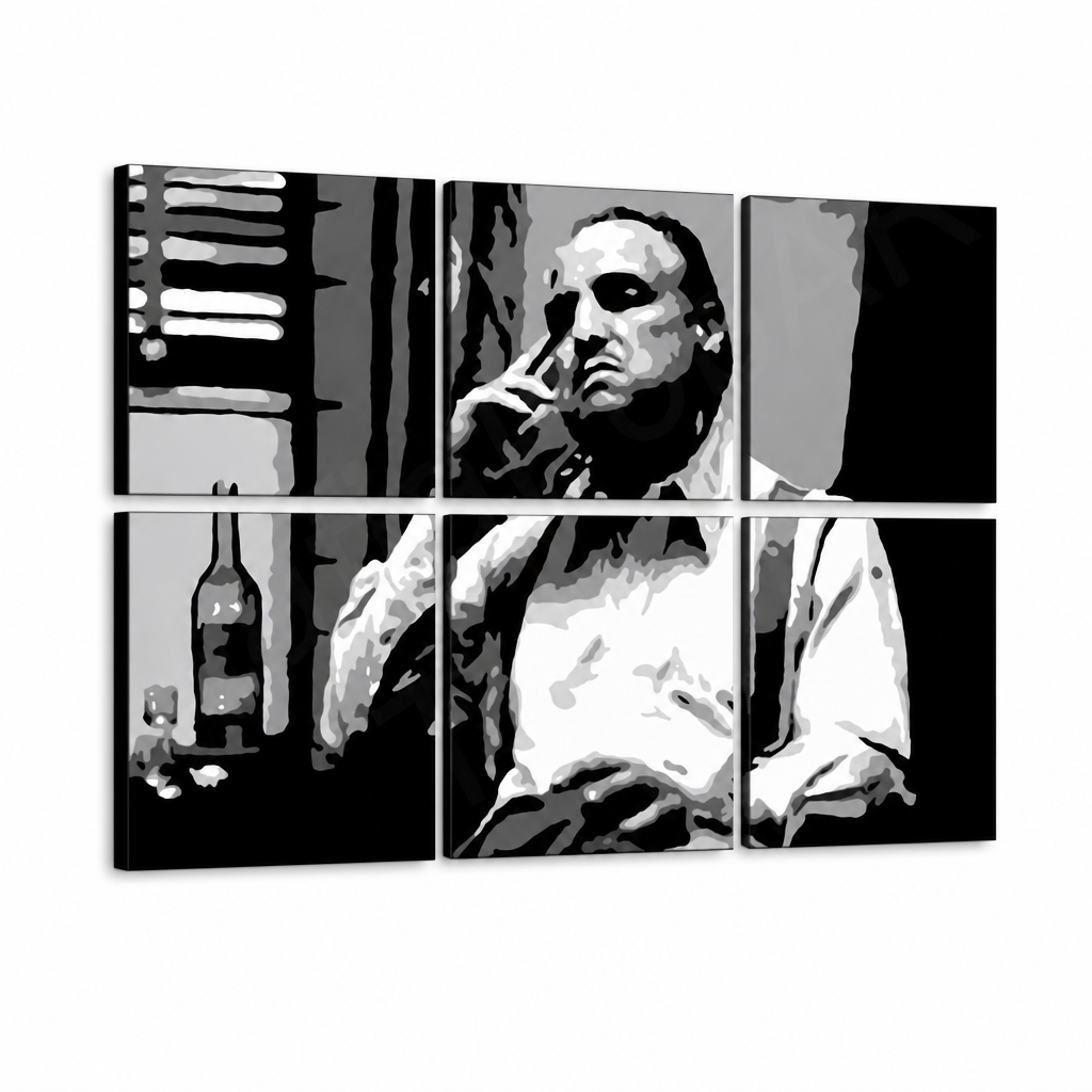 Dipinto a mano POP Art MARLON BRANDO 6 parti mb9 – Visualizzazione 3D del quadro dipinto a mano su sfondo bianco. Colori dominanti: nero, bianco, grigio.