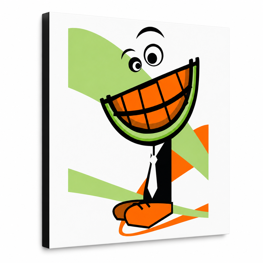 Dipinto a mano POP Art MELON 1 pezzo melone – Visualizzazione 3D del quadro dipinto a mano su sfondo bianco. Colori dominanti: arancione, verde, nero, bianco, marrone.
