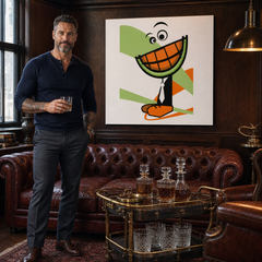 Dipinto a mano POP Art MELON 1 pezzo melone – quadro in un moderno interno maschile, visualizzazione lifestyle. Colori dominanti: arancione, verde, nero, bianco, marrone.