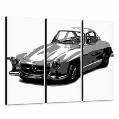 Dipinto a mano POP Art MERCEDES SL300 3 pezzi mer – Visualizzazione 3D del quadro dipinto a mano su sfondo bianco. Colori dominanti: nero, bianco, grigio.
