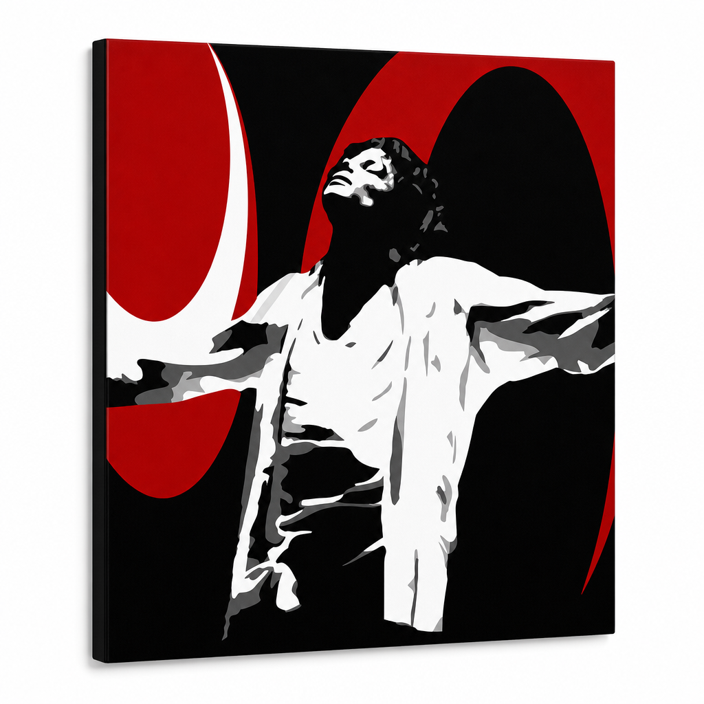 Dipinto a mano POP Art Michael Jackson 1 parte mj1 – Visualizzazione 3D del quadro dipinto a mano su sfondo bianco. Colori dominanti: nero, rosso, bianco.