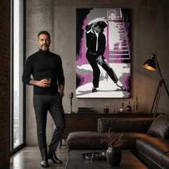 Dipinto a mano POP Art Michael Jackson 1 pezzo mj3 – quadro in un moderno interno maschile, visualizzazione lifestyle. Colori dominanti: nero, rosa, grigio, bianco.