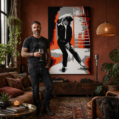 Dipinto a mano POP Art Michael Jackson 1 pezzo mj4 – quadro in un moderno interno maschile, visualizzazione lifestyle. Colori dominanti: nero, rosso, arancione, bianco, grigio.