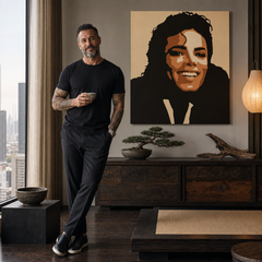 Dipinto a mano POP Art Michael Jackson 1 pezzo mj6 – quadro in un moderno interno maschile, visualizzazione lifestyle. Colori dominanti: marrone, arancione, nero, beige.