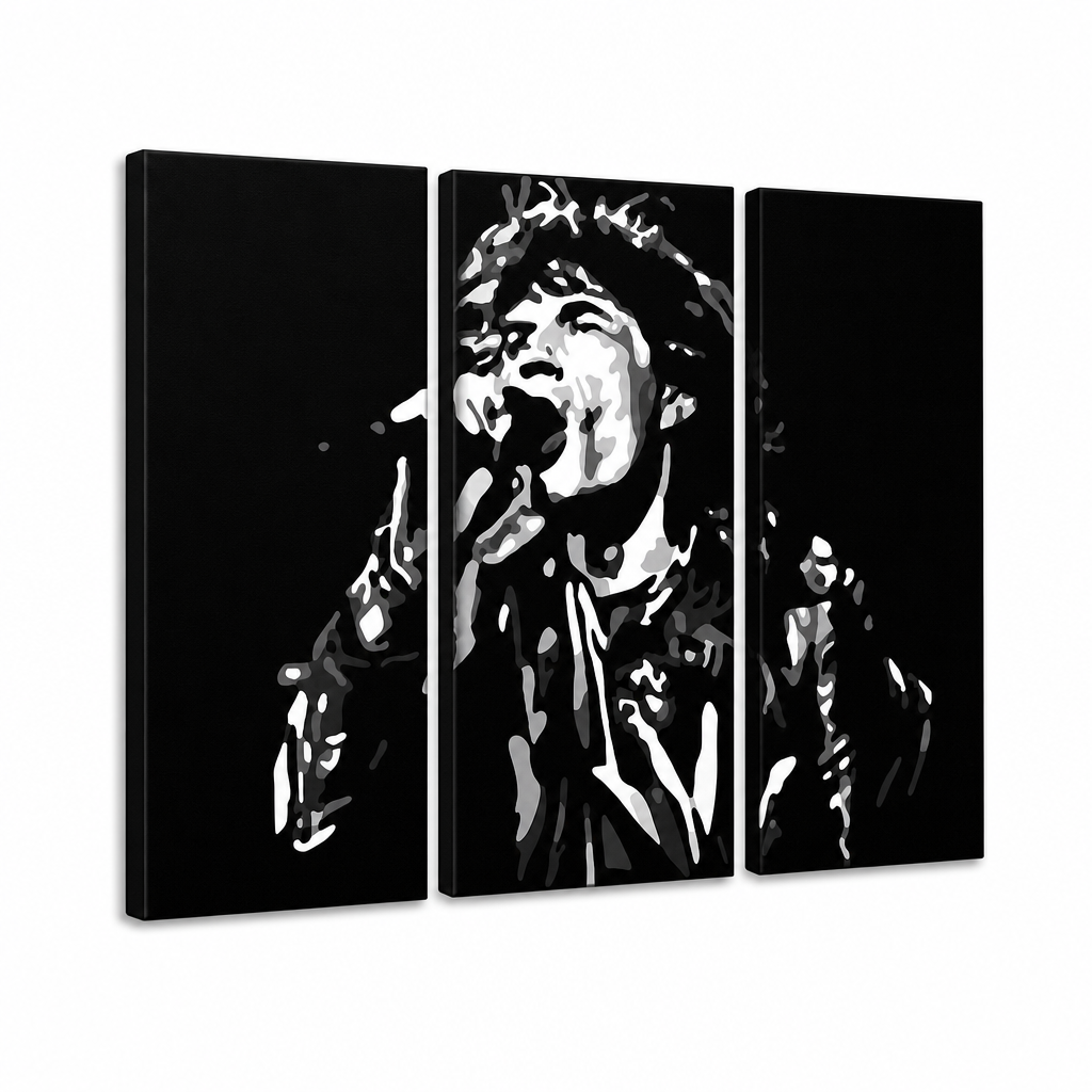 Dipinto a mano POP Art Mick Jagger 3 pezzi mick – Visualizzazione 3D del quadro dipinto a mano su sfondo bianco. Colori dominanti: nero, bianco, grigio.