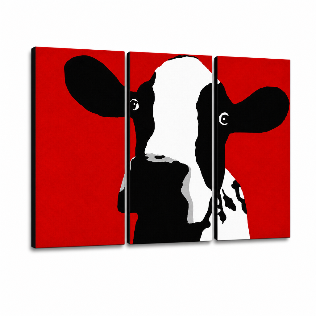 Dipinto a mano POP Art Mucca 3 pezzi mucca – Visualizzazione 3D del quadro dipinto a mano su sfondo bianco. Colori dominanti: nero, bianco, rosso.