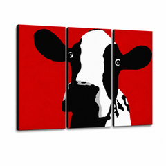 Dipinto a mano POP Art Mucca 3 pezzi mucca – Visualizzazione 3D del quadro dipinto a mano su sfondo bianco. Colori dominanti: nero, bianco, rosso.