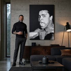 Dipinto a mano POP Art Muhamad Ali 1 pezzo ali – quadro in un moderno interno maschile, visualizzazione lifestyle. Colori dominanti: nero, grigio, bianco.