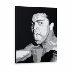 Dipinto a mano POP Art Muhamad Ali 1 pezzo ali – Visualizzazione 3D del quadro dipinto a mano su sfondo bianco. Colori dominanti: nero, grigio, bianco.