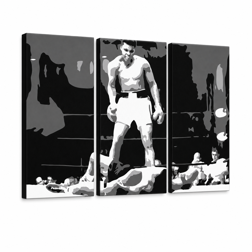 Dipinto a mano POP Art Muhamad Ali 3 pezzi ali2 – Visualizzazione 3D del quadro dipinto a mano su sfondo bianco. Colori dominanti: nero, bianco, grigio.