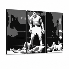 Dipinto a mano POP Art Muhamad Ali 3 pezzi ali2 – Visualizzazione 3D del quadro dipinto a mano su sfondo bianco. Colori dominanti: nero, bianco, grigio.