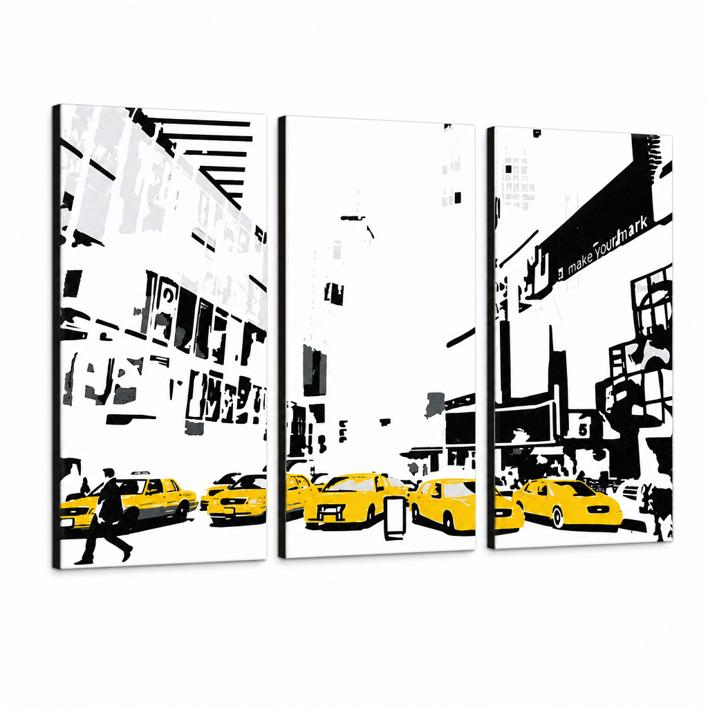 Dipinto a mano POP Art NEW YORK 3 pezzi 0107 nyc – Visualizzazione 3D del quadro dipinto a mano su sfondo bianco. Colori dominanti: giallo, nero, bianco.