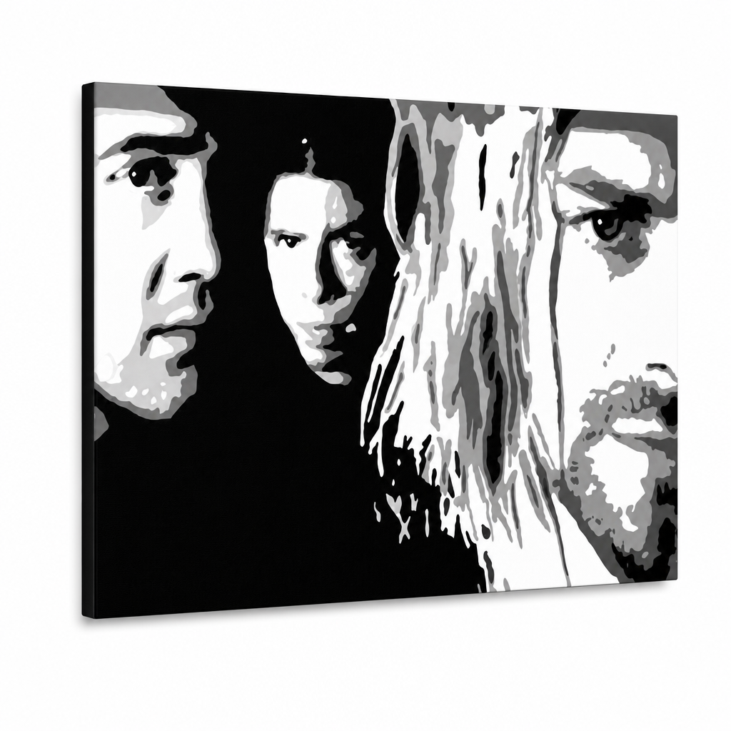 Dipinto a mano POP Art Nirvana 1 pezzo nir – Visualizzazione 3D del quadro dipinto a mano su sfondo bianco. Colori dominanti: nero, bianco, grigio.