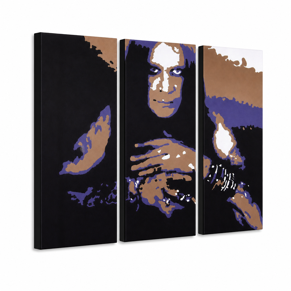 Dipinto a mano POP Art Ozzy Osbourne 3 pezzi Ozz – Visualizzazione 3D del quadro dipinto a mano su sfondo bianco. Colori dominanti: nero, viola, marrone, bianco, blu.