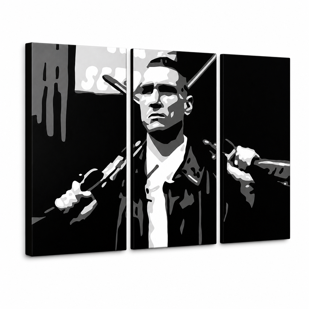 Dipinto a mano POP Art Painting Stock Lock 3 Piece Sto – Visualizzazione 3D del quadro dipinto a mano su sfondo bianco. Colori dominanti: nero, bianco, grigio.