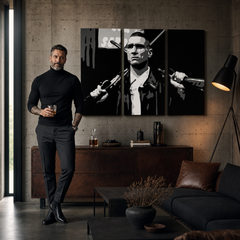 Dipinto a mano POP Art Painting Stock Lock 3 Piece Sto – quadro in un moderno interno maschile, visualizzazione lifestyle. Colori dominanti: nero, bianco, grigio.
