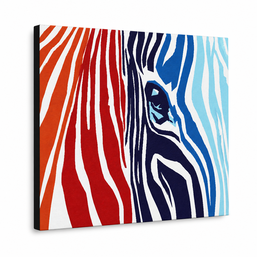 Dipinto a mano POP Art pittura COLORI 1 pezzo zebra – Visualizzazione 3D del quadro dipinto a mano su sfondo bianco. Colori dominanti: rosso, oranzová, blu, bianco, nero.