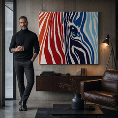 Dipinto a mano POP Art pittura COLORI 1 pezzo zebra – quadro in un moderno interno maschile, visualizzazione lifestyle. Colori dominanti: rosso, oranzová, blu, bianco, nero.