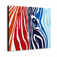 Dipinto a mano POP Art pittura COLORI 1 pezzo zebra – Visualizzazione 3D del quadro dipinto a mano su sfondo bianco. Colori dominanti: rosso, oranzová, blu, bianco, nero.