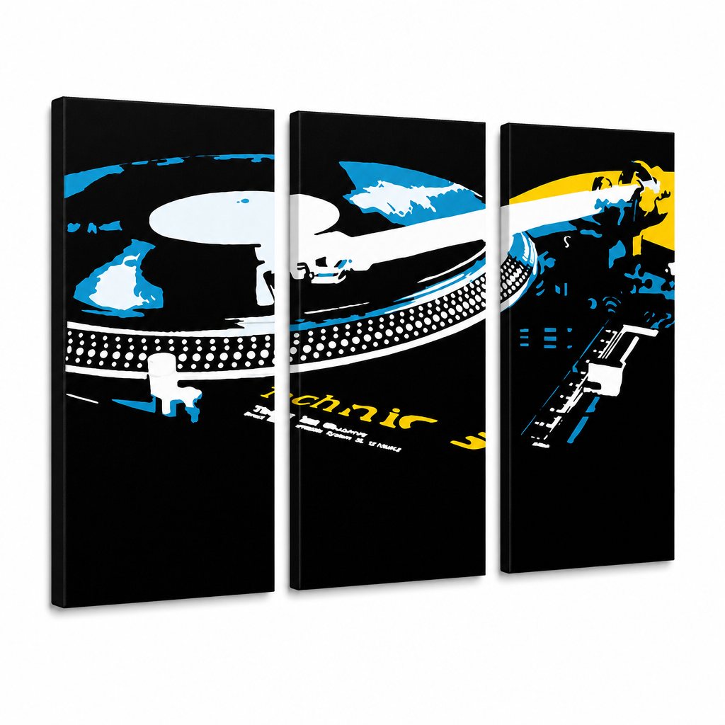 Dipinto a mano POP Art pittura DJ 3 pezzi dj3 – Visualizzazione 3D del quadro dipinto a mano su sfondo bianco. Colori dominanti: nero, blu, giallo, bianco.