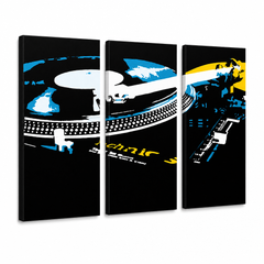 Dipinto a mano POP Art pittura DJ 3 pezzi dj3 – Visualizzazione 3D del quadro dipinto a mano su sfondo bianco. Colori dominanti: nero, blu, giallo, bianco.