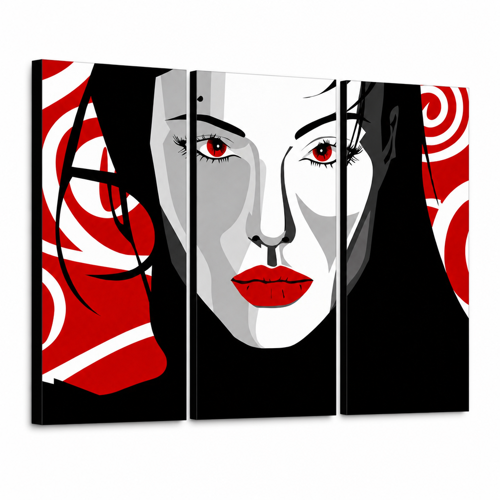 Dipinto a mano POP Art pittura Nizza DONNA 3 pezzi nwoman – Visualizzazione 3D del quadro dipinto a mano su sfondo bianco. Colori dominanti: nero, rosso, bianco.