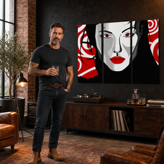 Dipinto a mano POP Art pittura Nizza DONNA 3 pezzi nwoman – quadro in un moderno interno maschile, visualizzazione lifestyle. Colori dominanti: nero, rosso, bianco.
